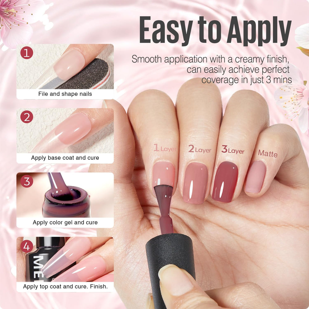 Vernis MEFA Jelly Gel transparent rouge, effet sheer élégant.