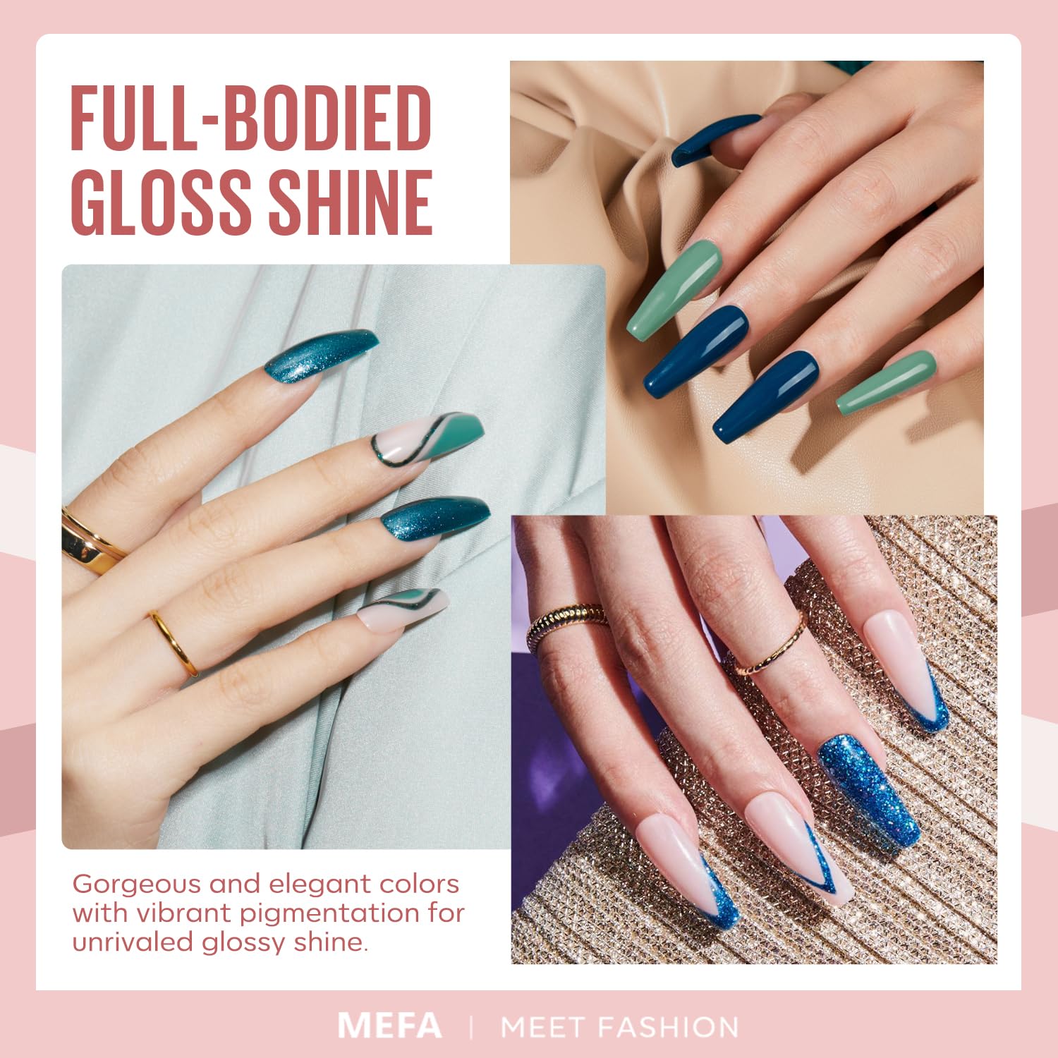 MEFA vernis gel avec paillettes argent et or pour un effet glamour.