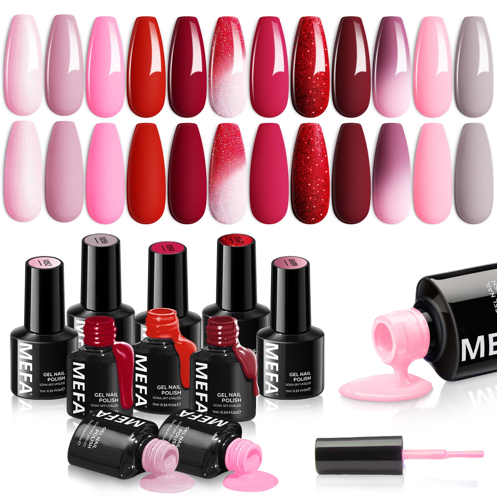 Vernis gel MEFA ensemble 12 couleurs, rendu lumineux pour salon à domicile.