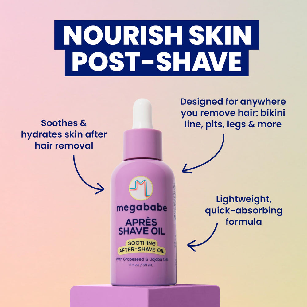 Megababe Après Shave Oil – ingrédients huile de pépins de raisin et jojoba.