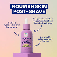 Megababe Après Shave Oil – ingrédients huile de pépins de raisin et jojoba.