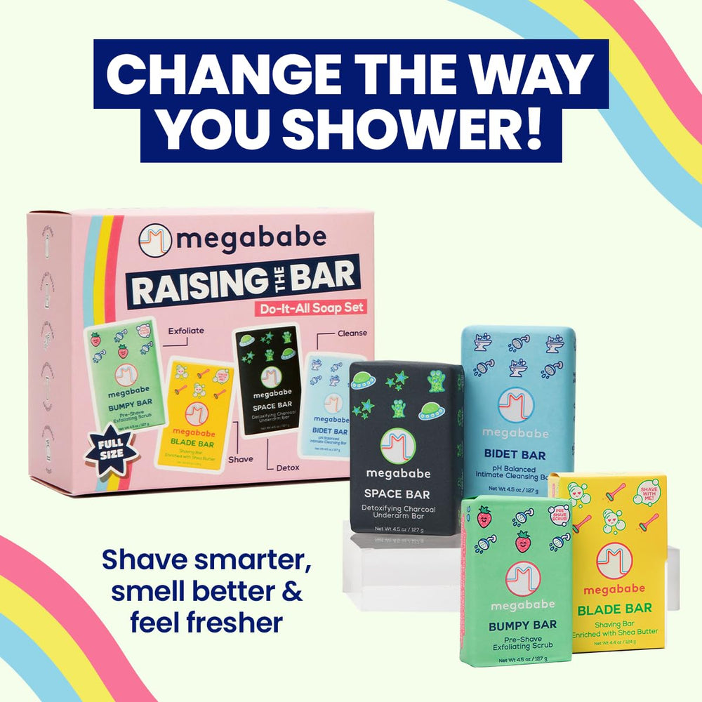 Megababe Bumpy Bar: pré-exfoliation efficace avec des perles biodégradables pour peau lisse.