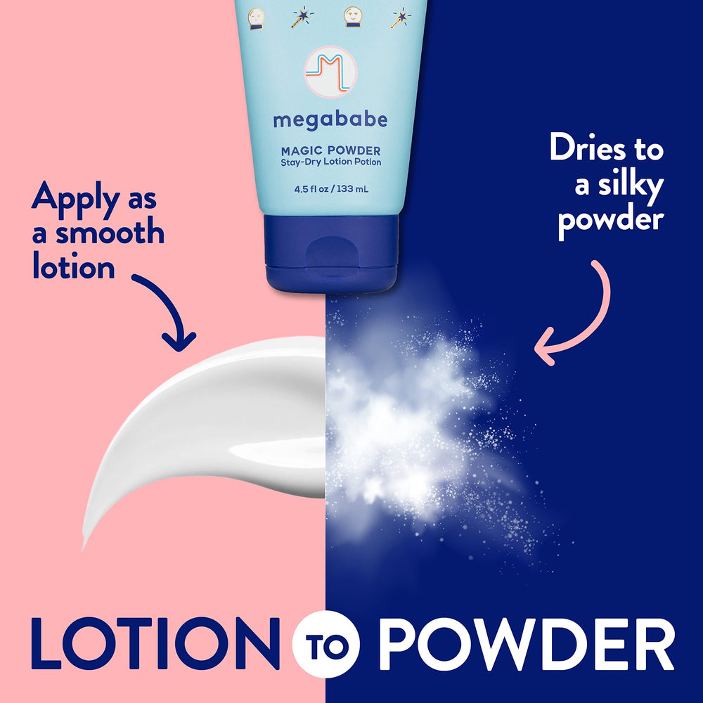 Megababe Lotion Absorbante: application sur peau, sensation légère et sèche rapide.