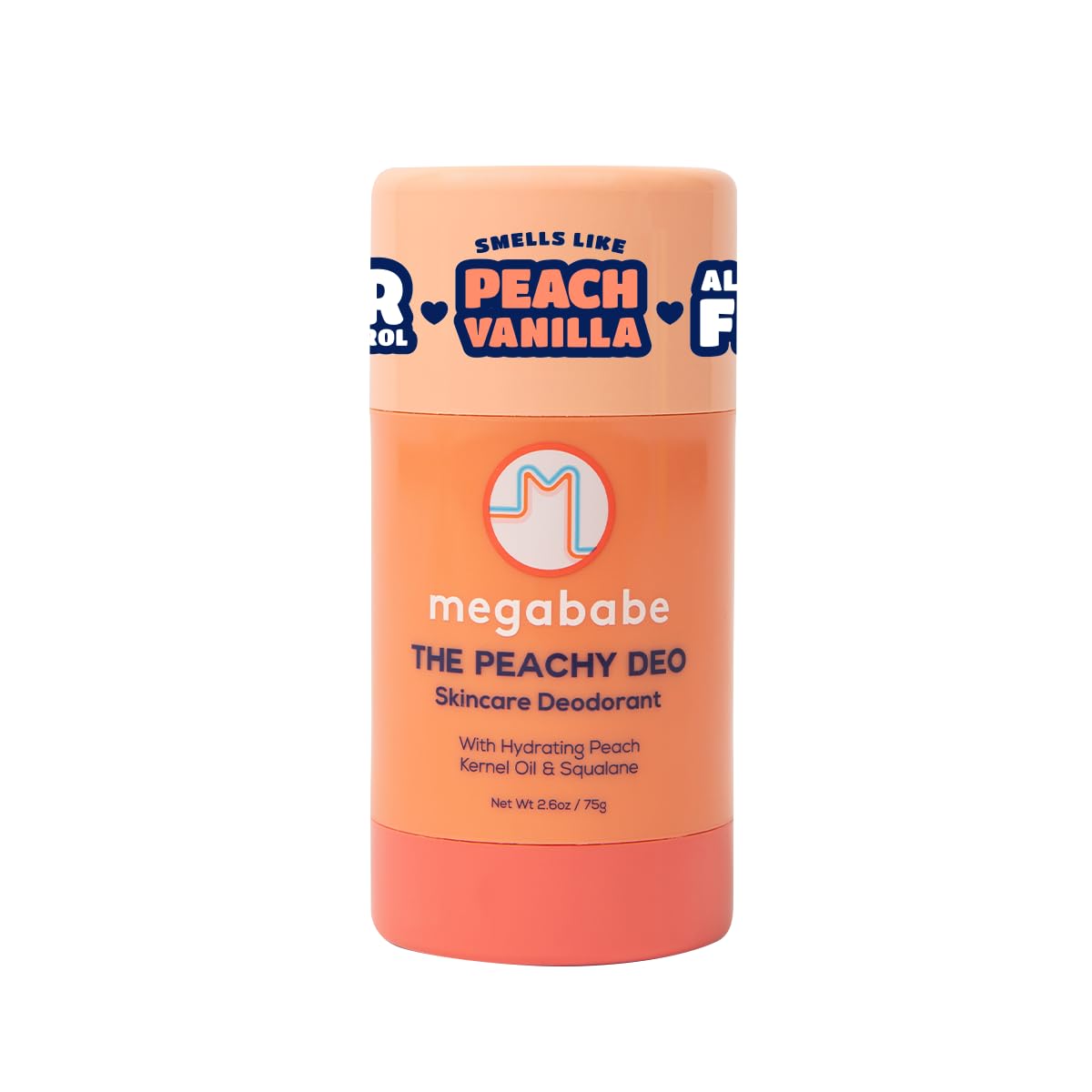 Megababe Peachy Deo – bouteille, fraîcheur pêche durable et sans aluminium.