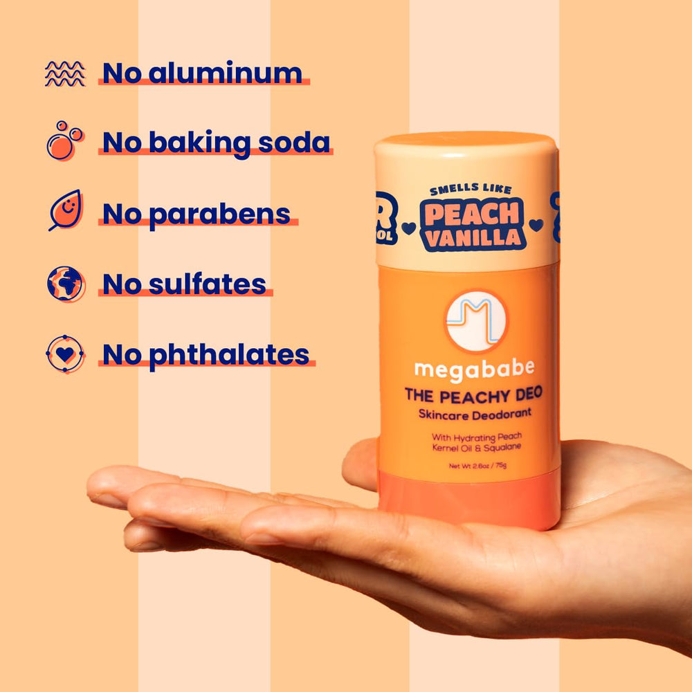 Parfum pêche vanille du Megababe Peachy Deo, notes rafraîchissantes et subtiles.