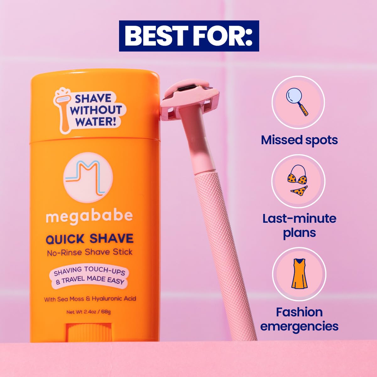 Megababe Quick Shave Stick — hydratation algue-de-mer pendant le rasage.