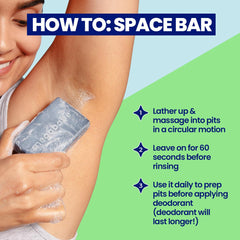 Megababe Space Bar charbon activé sur aisselles pour une peau nette et fraîche.