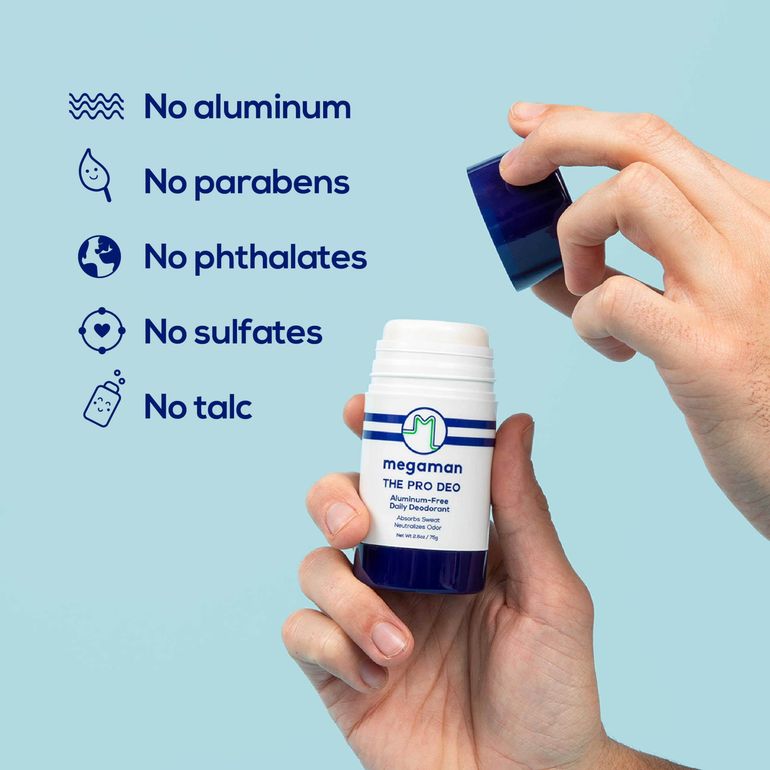 Megaman Pro Deo – formule sans aluminium et riche en zinc et ricinoléate.