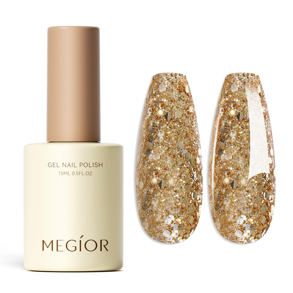 MEGIOR vernis gel or pailleté, application fluide pour une couleur durable et scintillante.