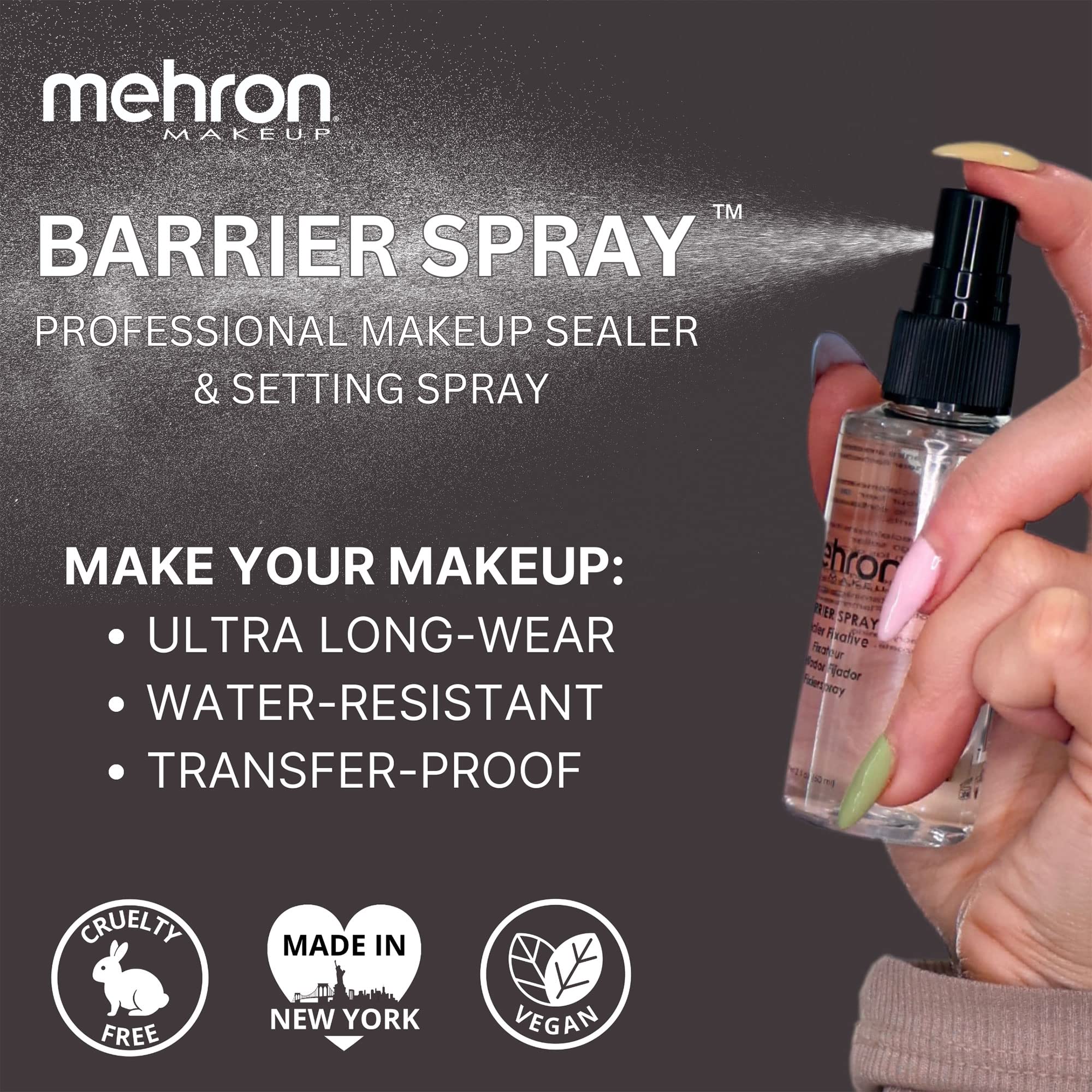 Mehron Barrier Spray – longue-durée: tenue du maquillage face à la chaleur et à l’humidité.