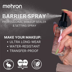 Mehron Barrier Spray – longue-durée: tenue du maquillage face à la chaleur et à l’humidité.