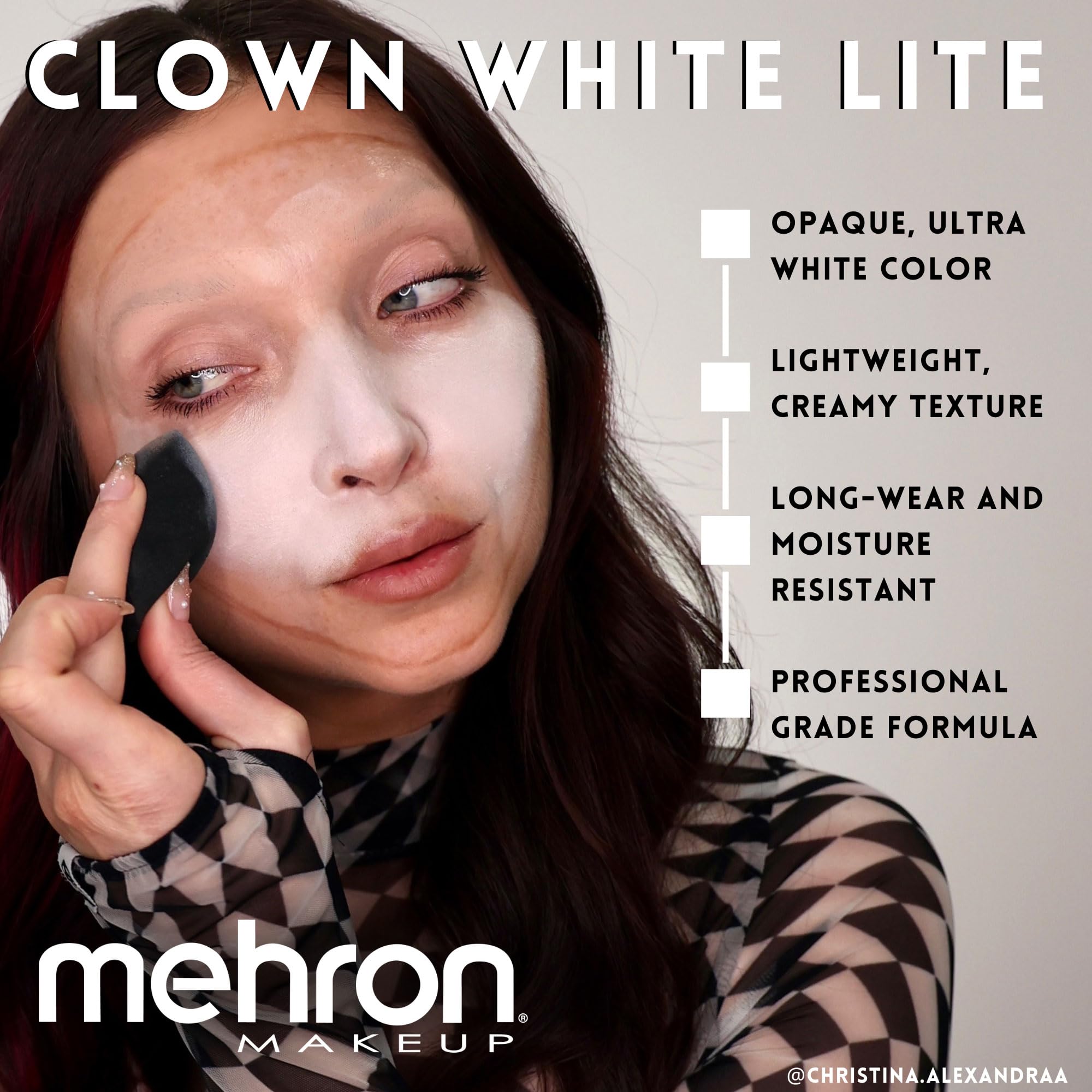 Mehron Clown White Lite, application rapide au doigt ou à l'éponge, sans traces.