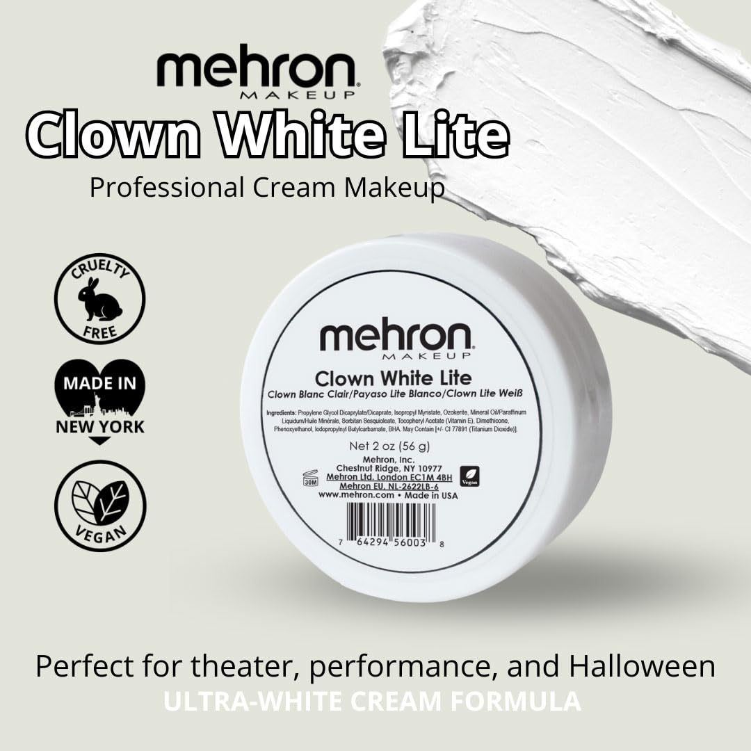 Mehron Clown White Lite, couverture fine, texture légère pour contours précis.