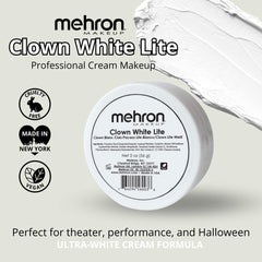 Mehron Clown White Lite, couverture fine, texture légère pour contours précis.