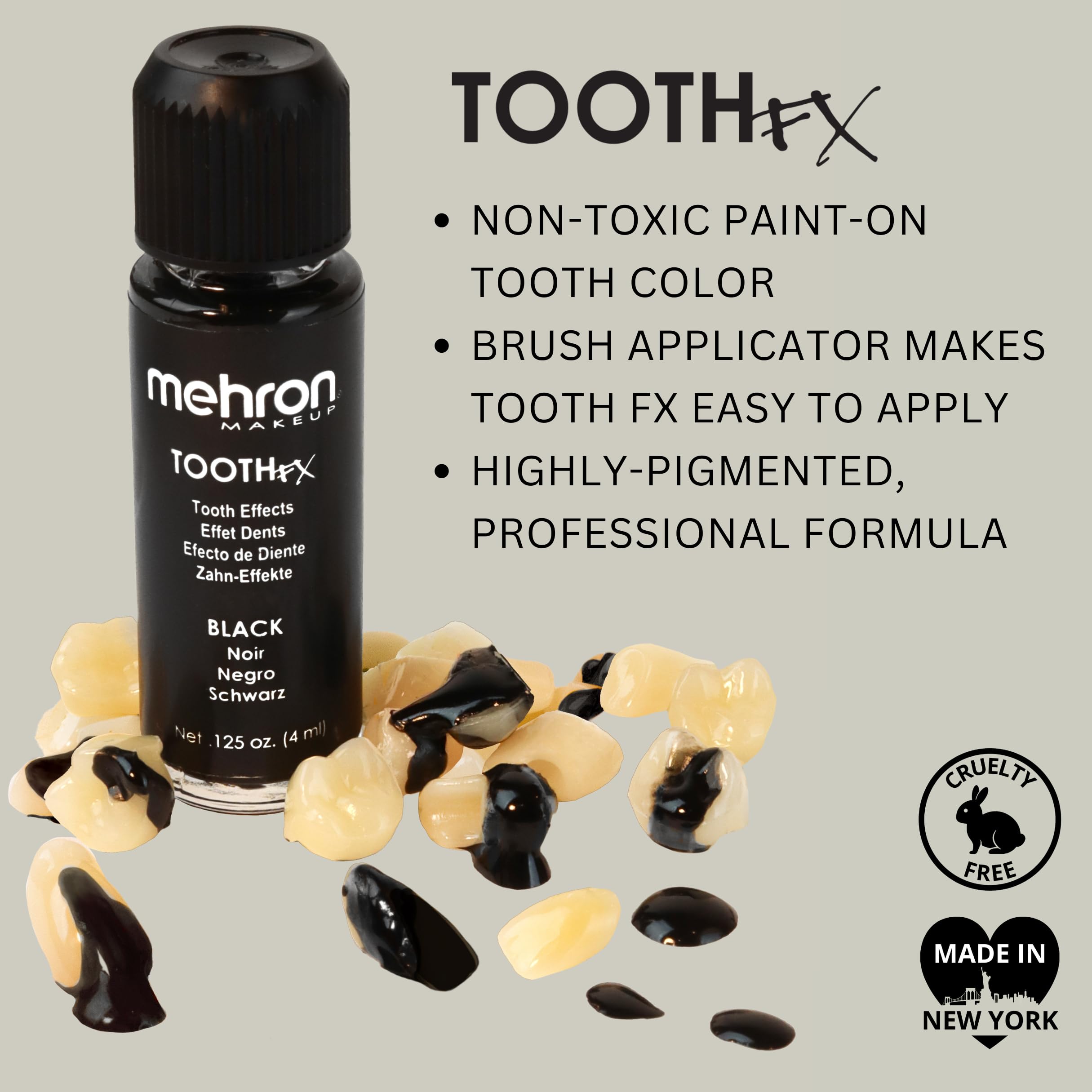Mehron-effet-spfx-dentaires-noir-emballage compact indique la praticité du produit.
