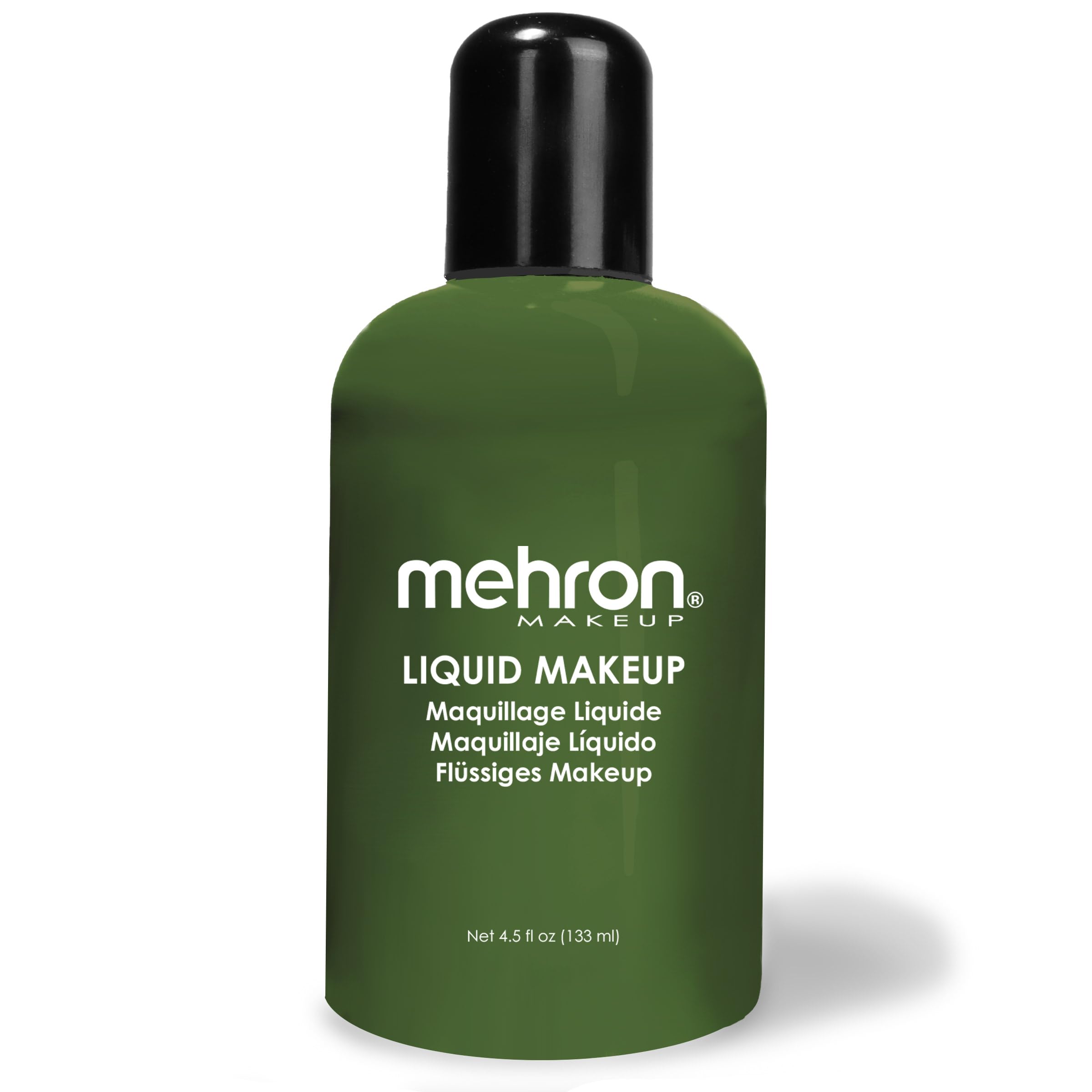 Bouteille Mehron Liquid Makeup verte prête pour une application rapide et durable.