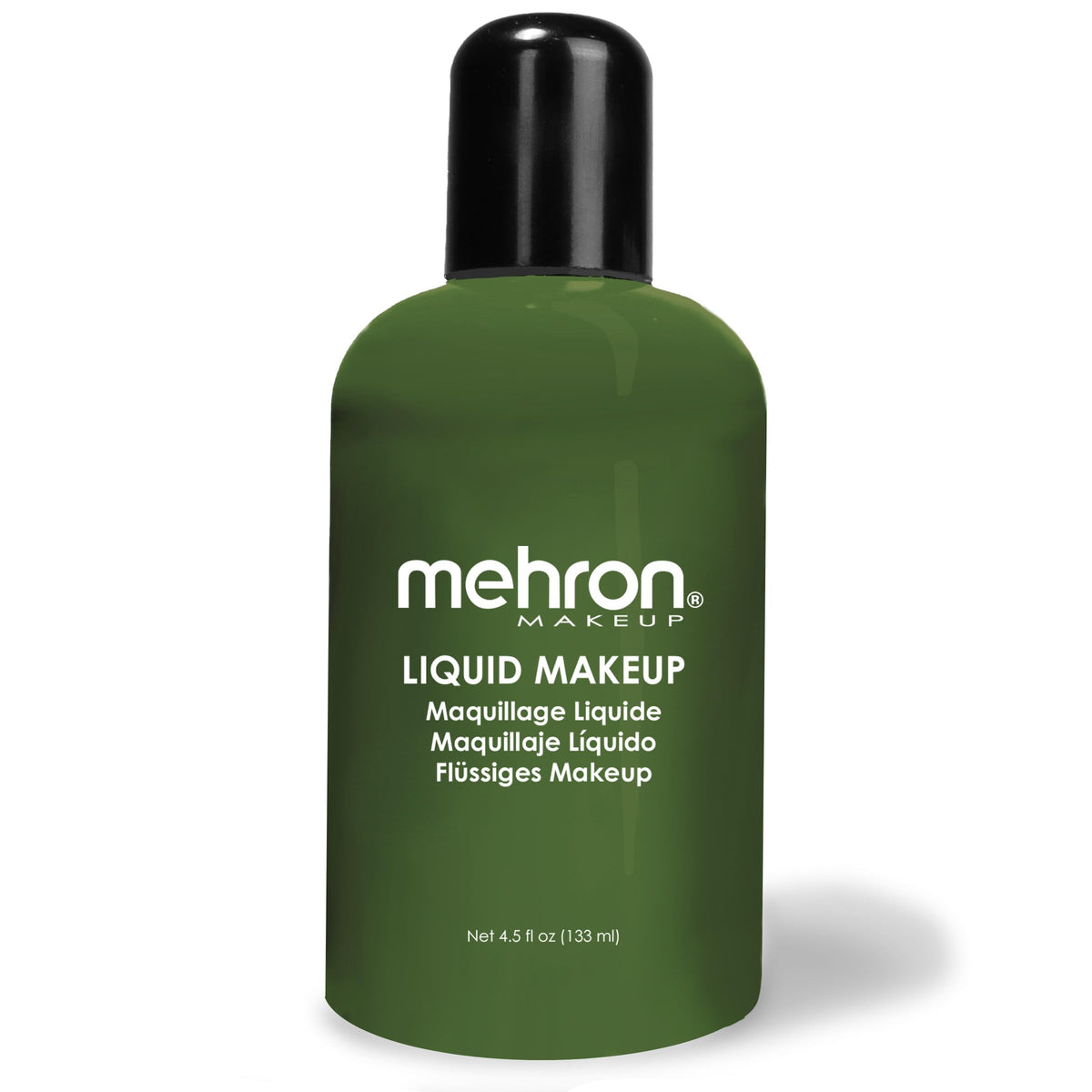 Bouteille Mehron Liquid Makeup verte prête pour une application rapide et durable.