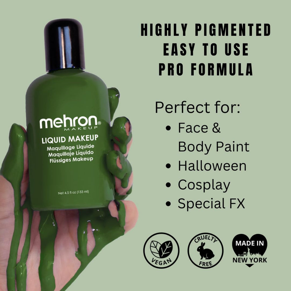 Teinte verte Mehron Liquid Makeup sur peau pour un effet intense.