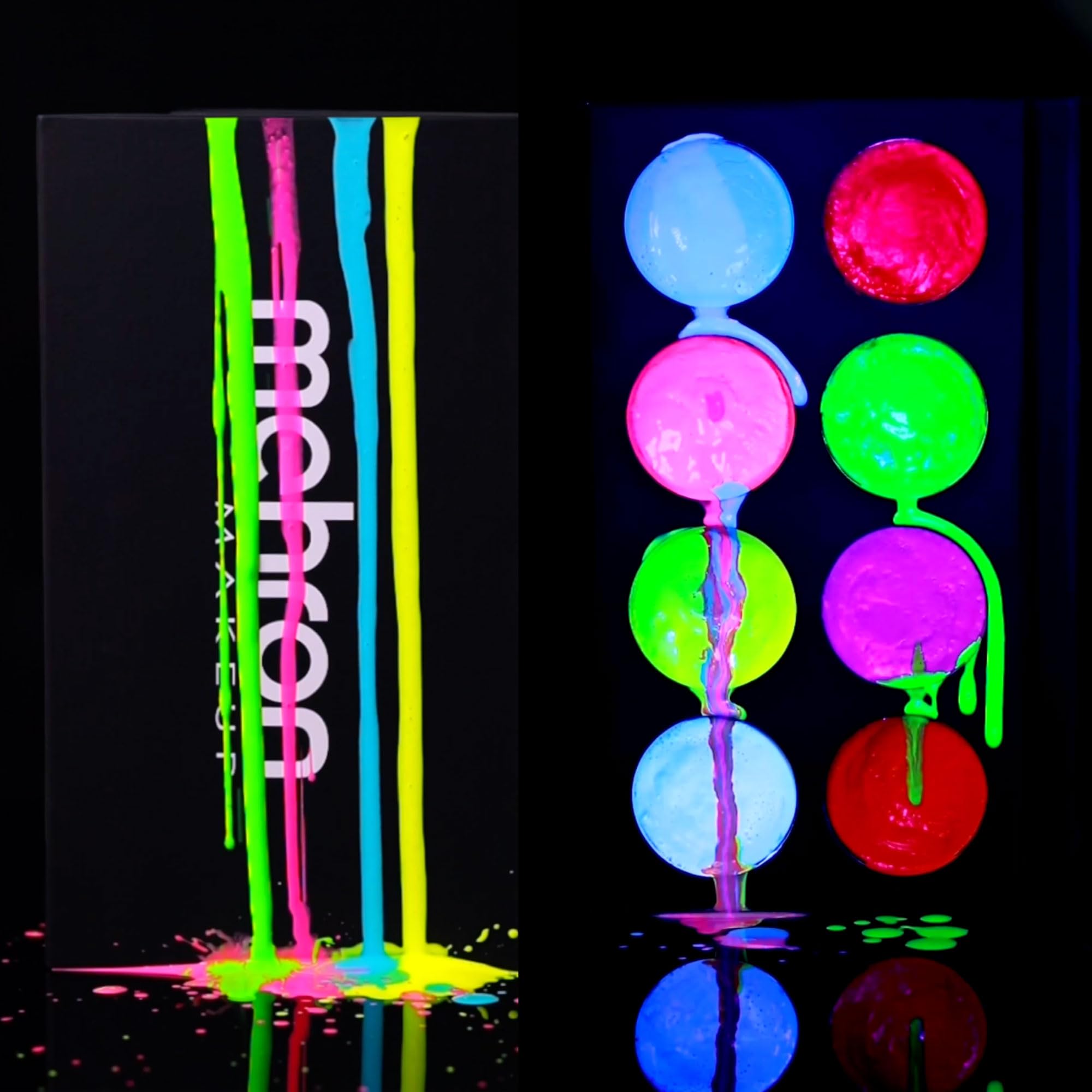 Échantillons Mehron Paradise FX Neon UV Glow montrant vibrance et uniformité des teintes.