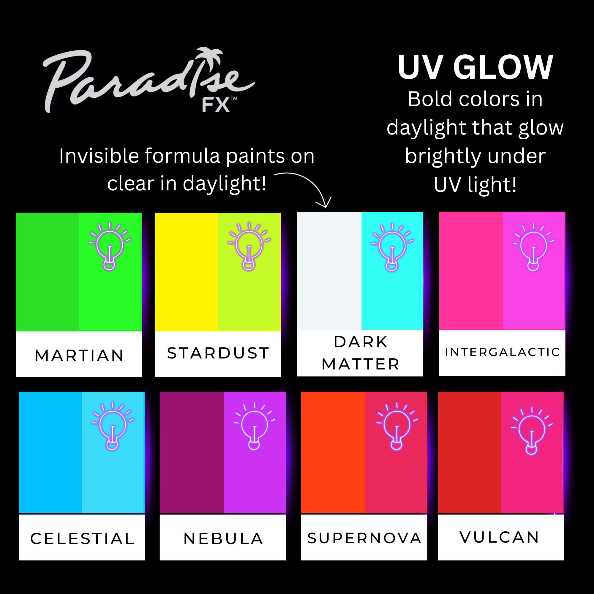 Look de cosplay sous lumière noire révélé par Mehron Paradise FX Neon UV Glow.