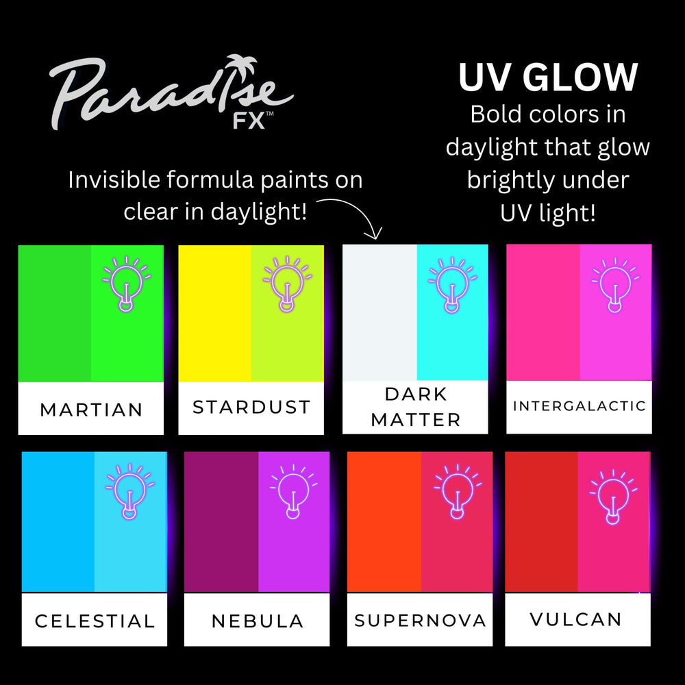 Look de cosplay sous lumière noire révélé par Mehron Paradise FX Neon UV Glow.