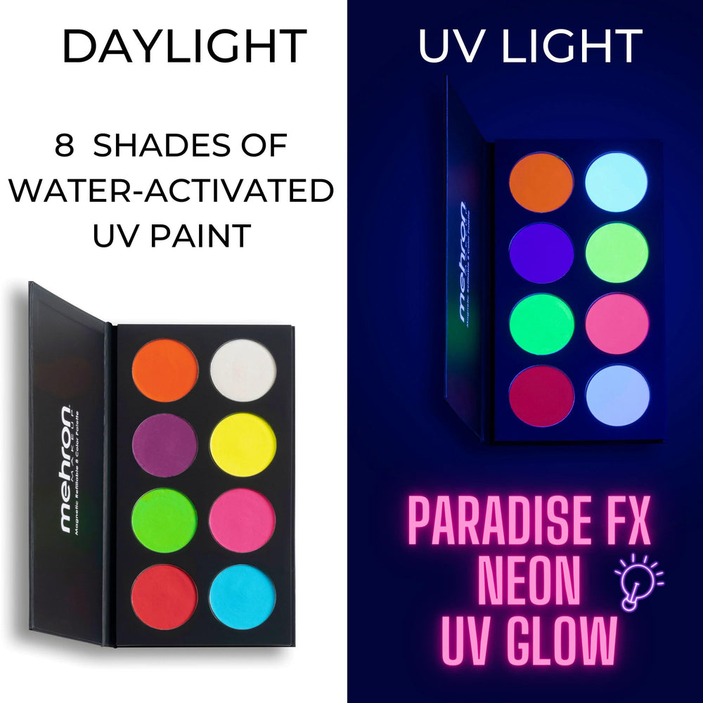 Effets néon UV sur peau avec Mehron Paradise FX Neon UV Glow pour des looks marquants.
