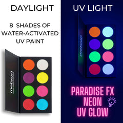 Effets néon UV sur peau avec Mehron Paradise FX Neon UV Glow pour des looks marquants.