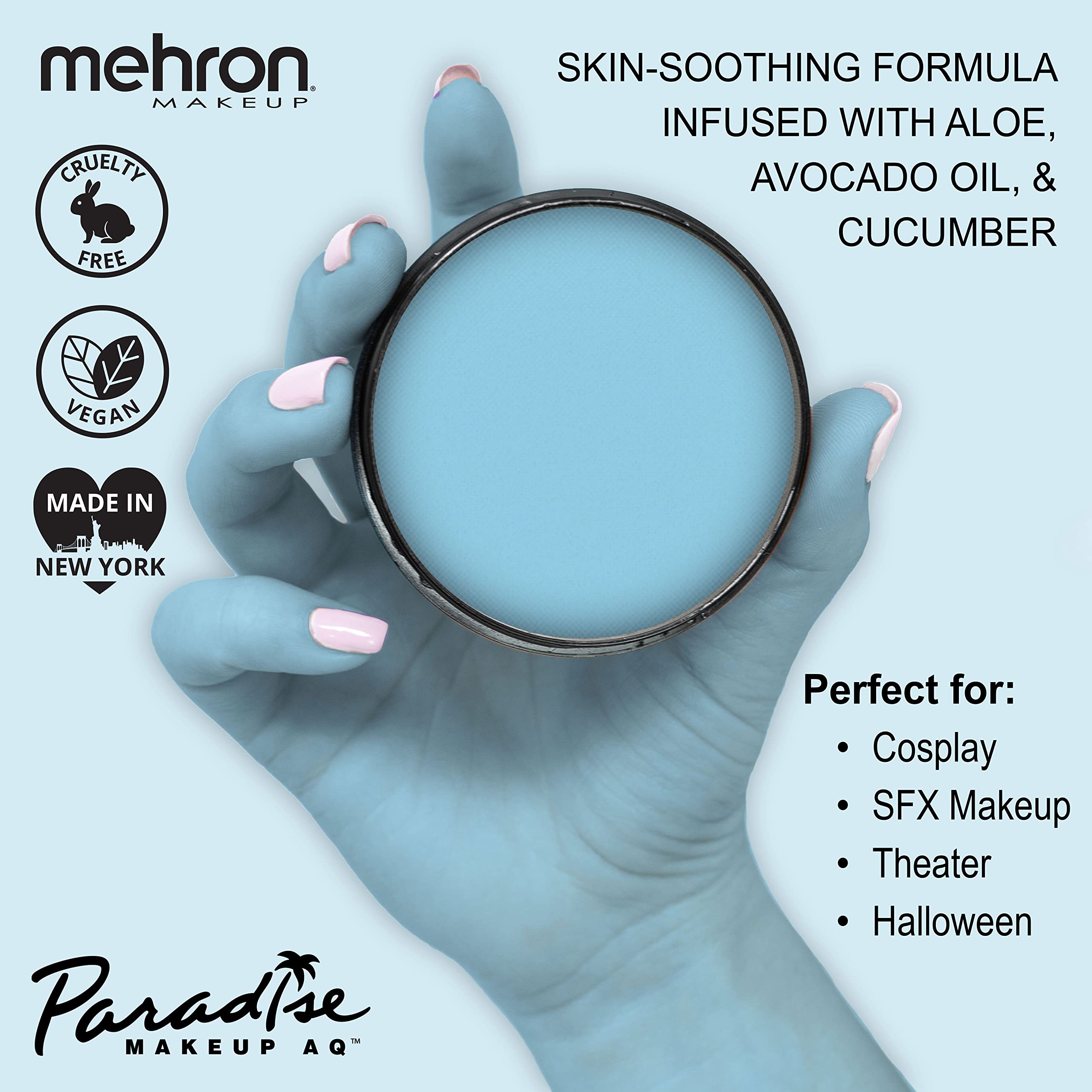 Texture crème bleu clair de Mehron Paradise Makeup AQ Pro Size prête à l’emploi.