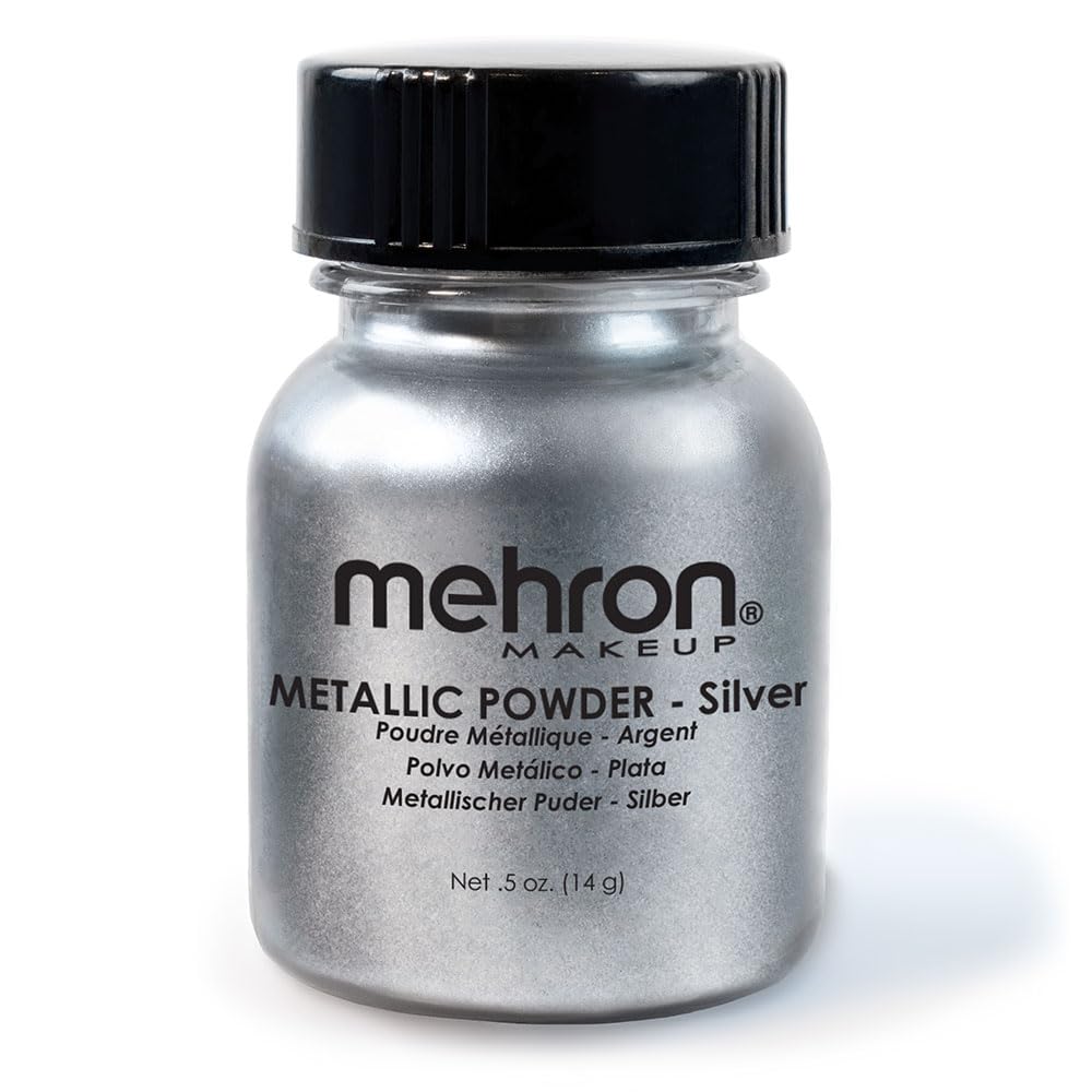 Mehron Poudre Métallique Chrome appliquée sur visage et corps avec éclat durable.