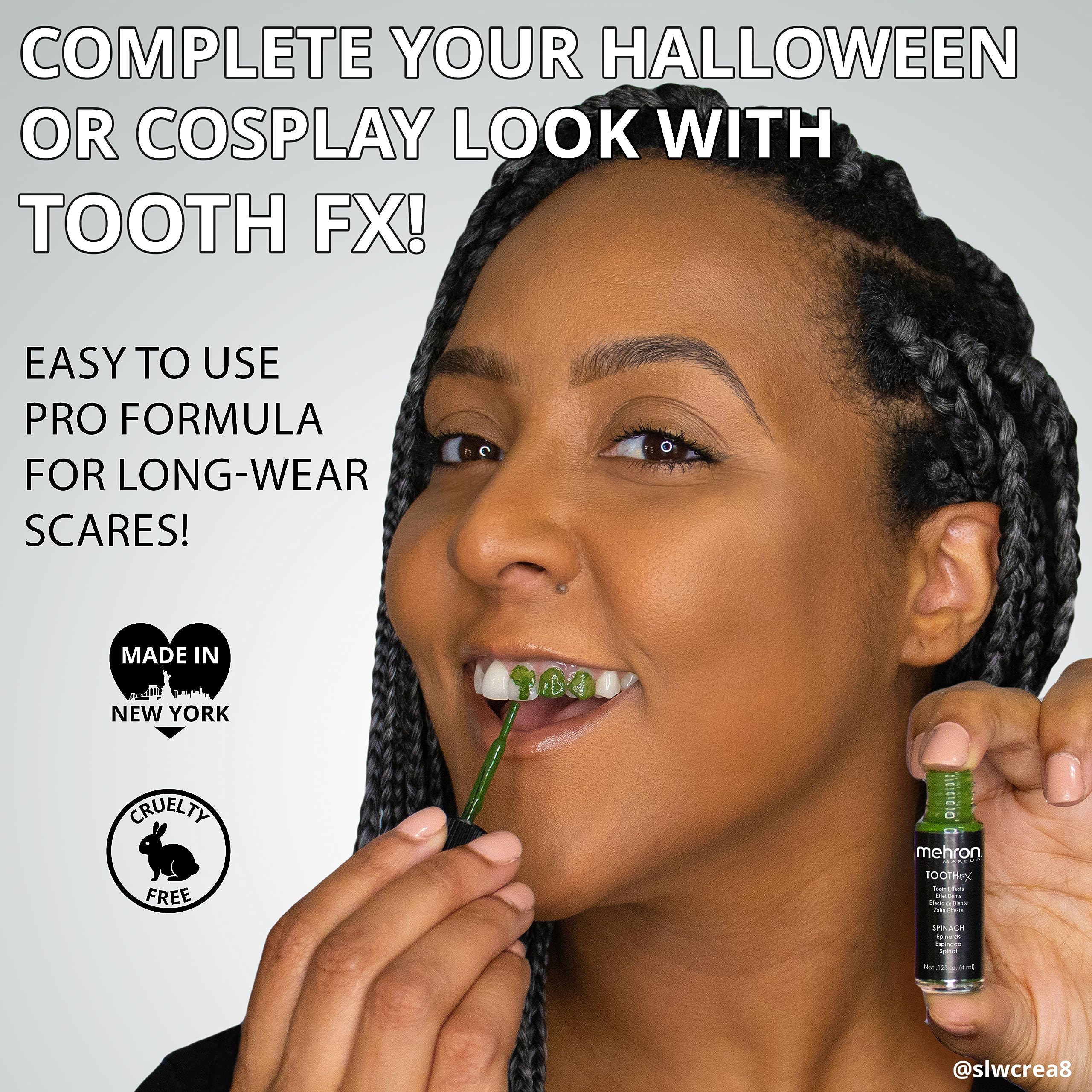 Mehron-teinte-dentaires-noire-dents-chrome évoque un rendu métallique élégant sur les dents.