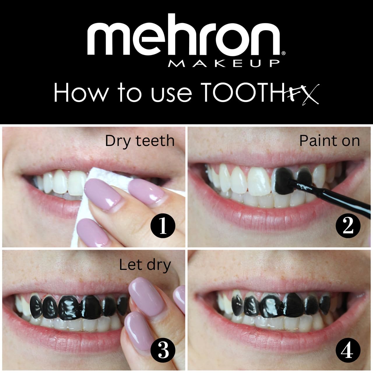 Mehron-teinte-dentaires-noire-dents-jaunissement suggère une teinte jaunâtre pour un look usé.