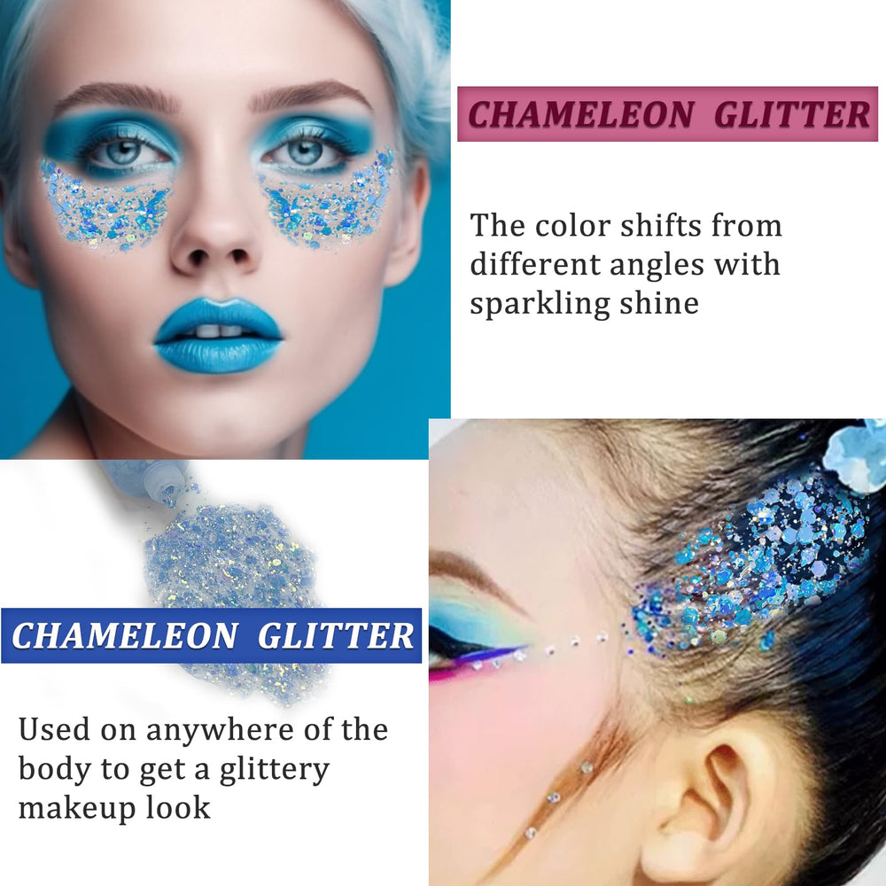 MEICOLY caméléon sirène bleu, gel paillettes application rapide visage et corps.