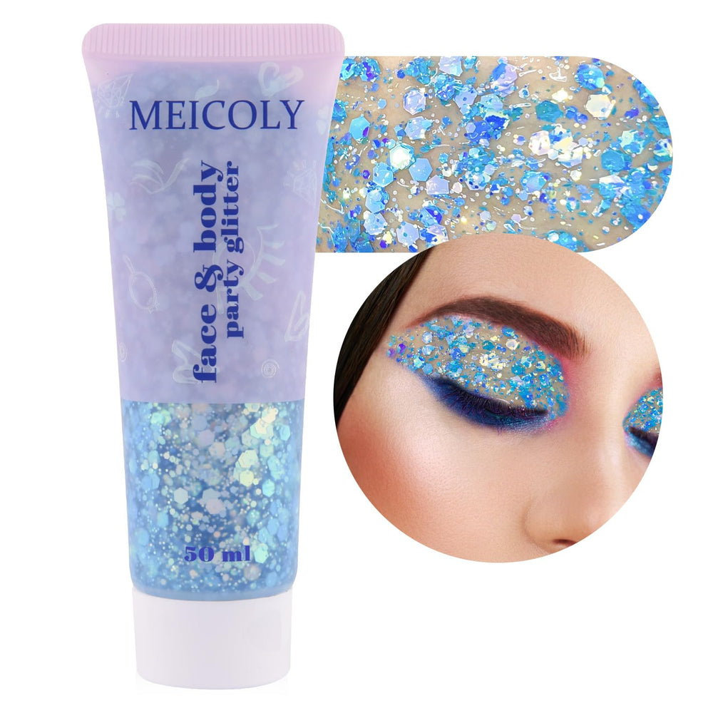 MEICOLY caméléon sirène bleu, flacon paillettes pour effet irisé visage et corps.