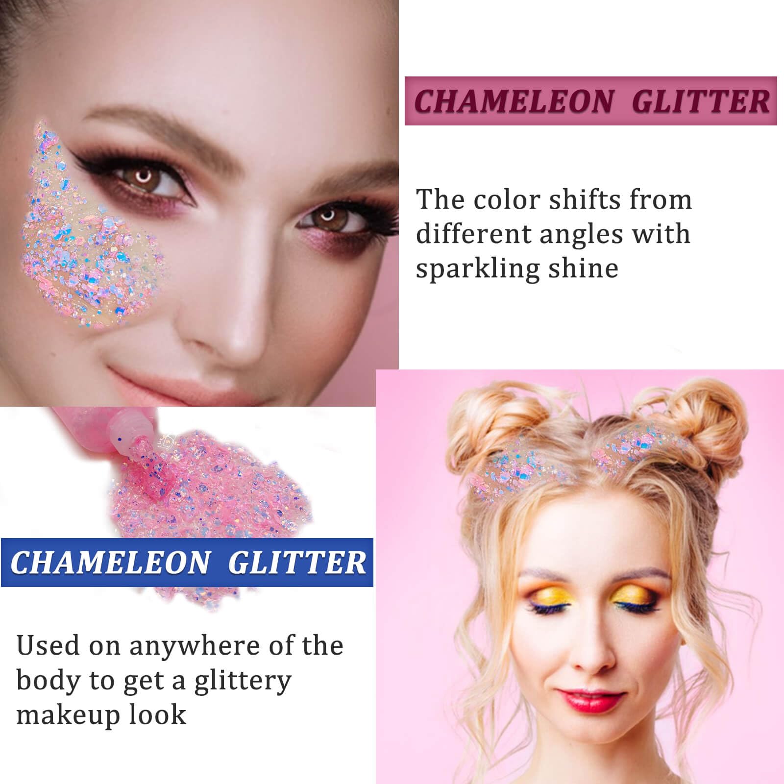 MEICOLY Chameleon Rose Bébé – paillettes sur visage pour un look holographique