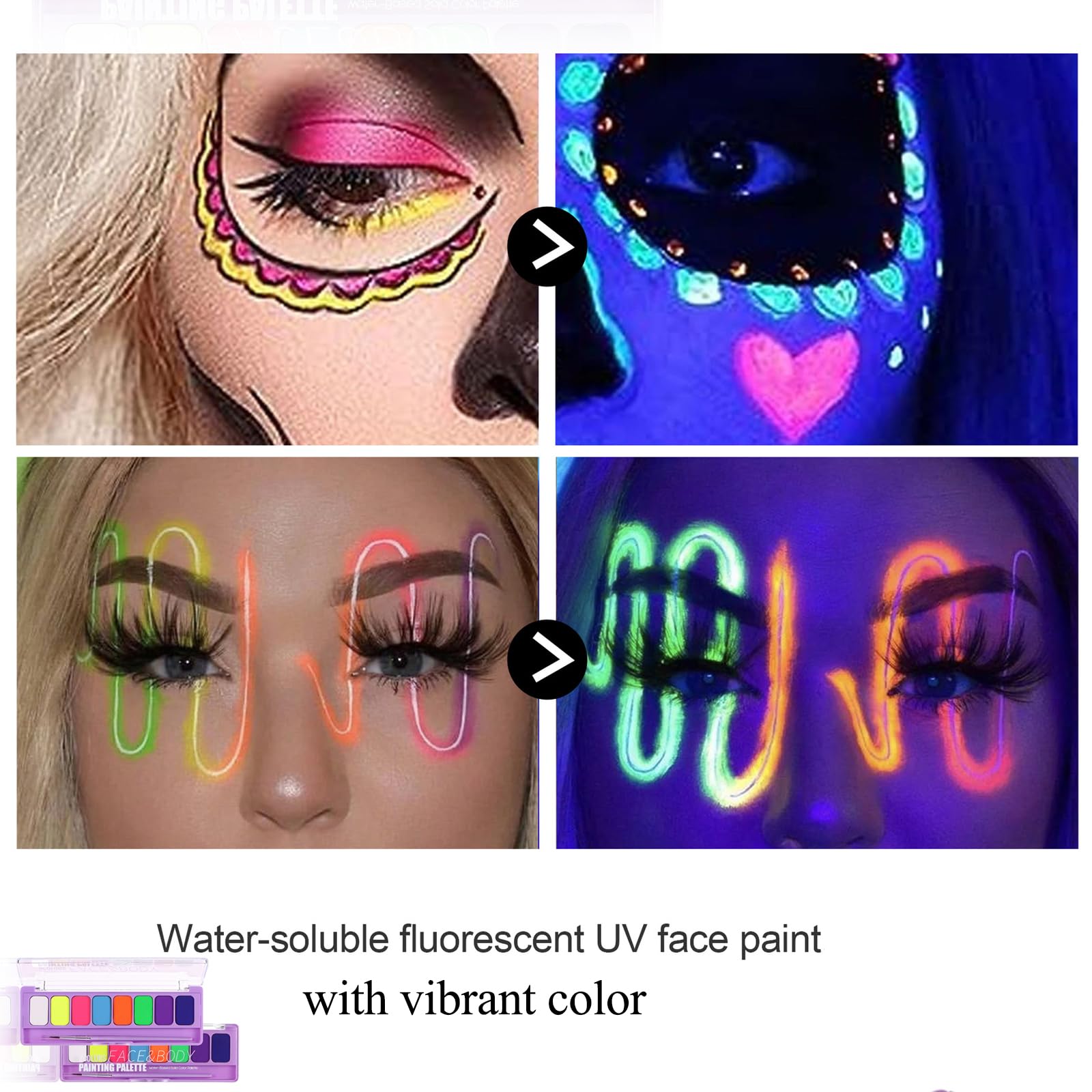 MEICOLY Eyeliner Active Eau, teintes neon UV visibles sous lumière noire.