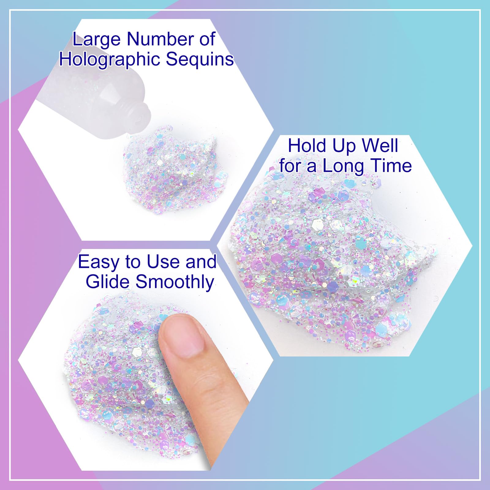 MEICOLY Glitter visage iris arc-en-ciel, tenue durable pour maquillage facial impactant.