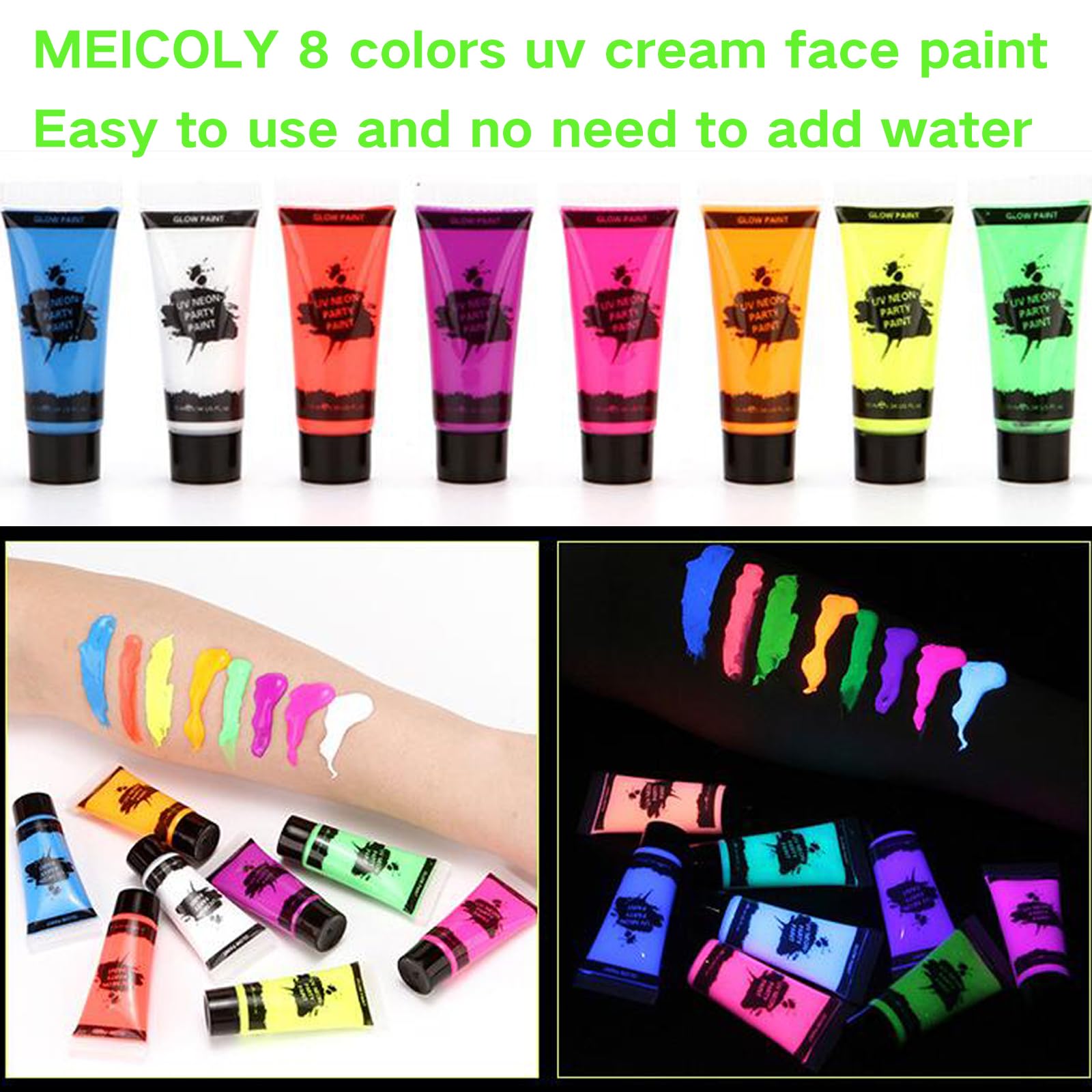 Meicoly Glow visages: couleur néon prête à l’emploi.