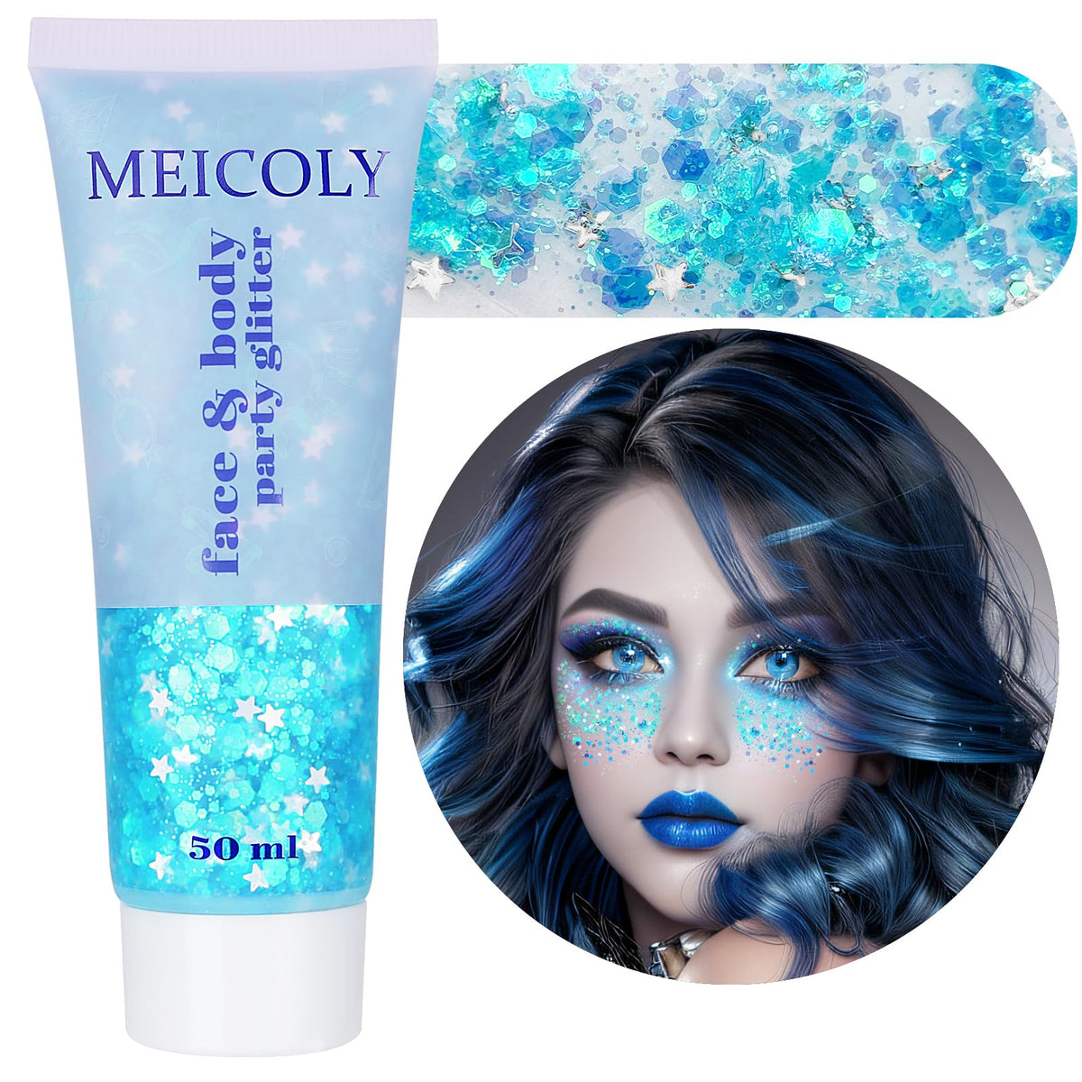 MEICOLY paillettes bleu glace sur corps scintillant et élégant.