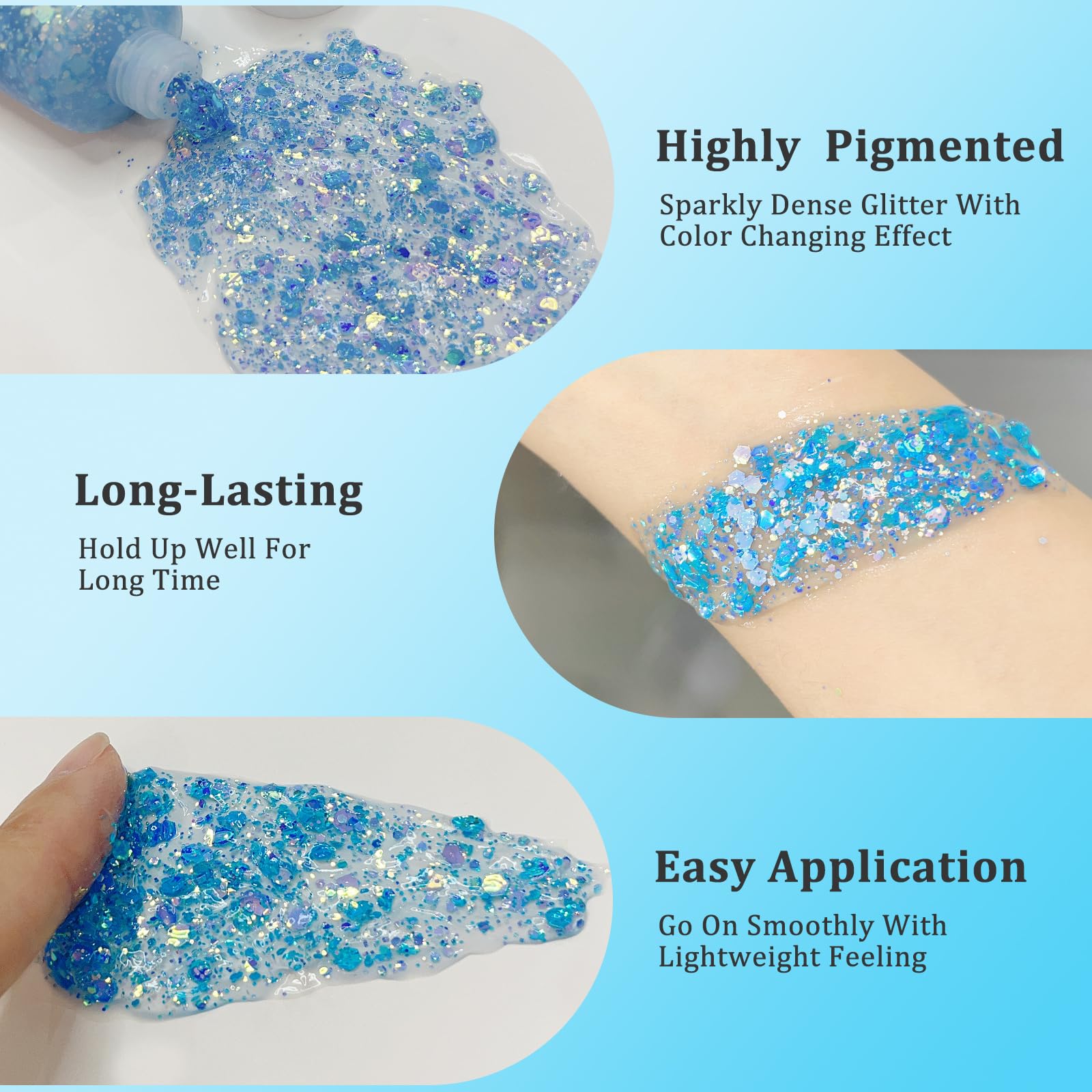 MEICOLY paillettes légères sur peau, confort toute la journée.