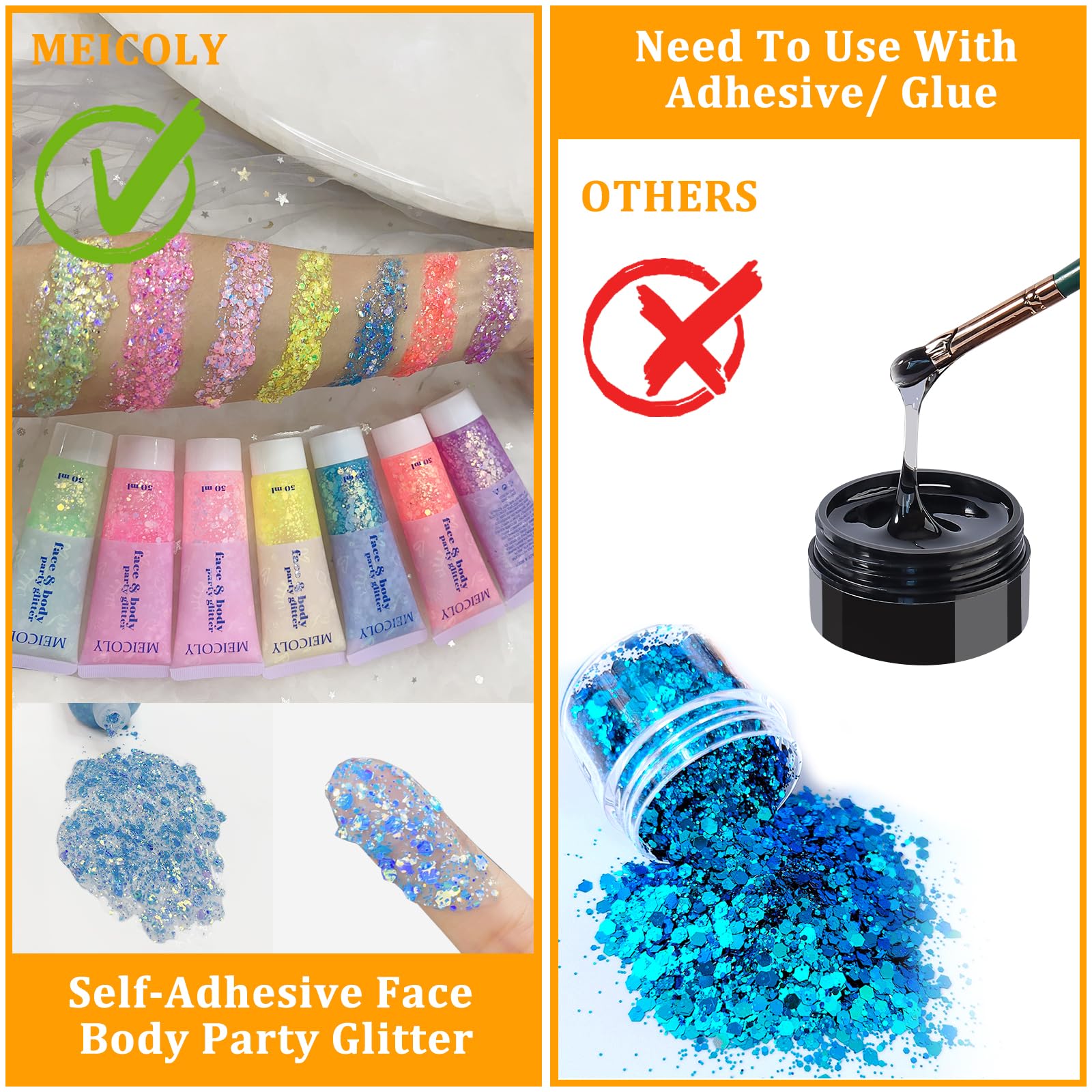 MEICOLY paillettes visage, corps et cheveux, maquillage pour fêtes.