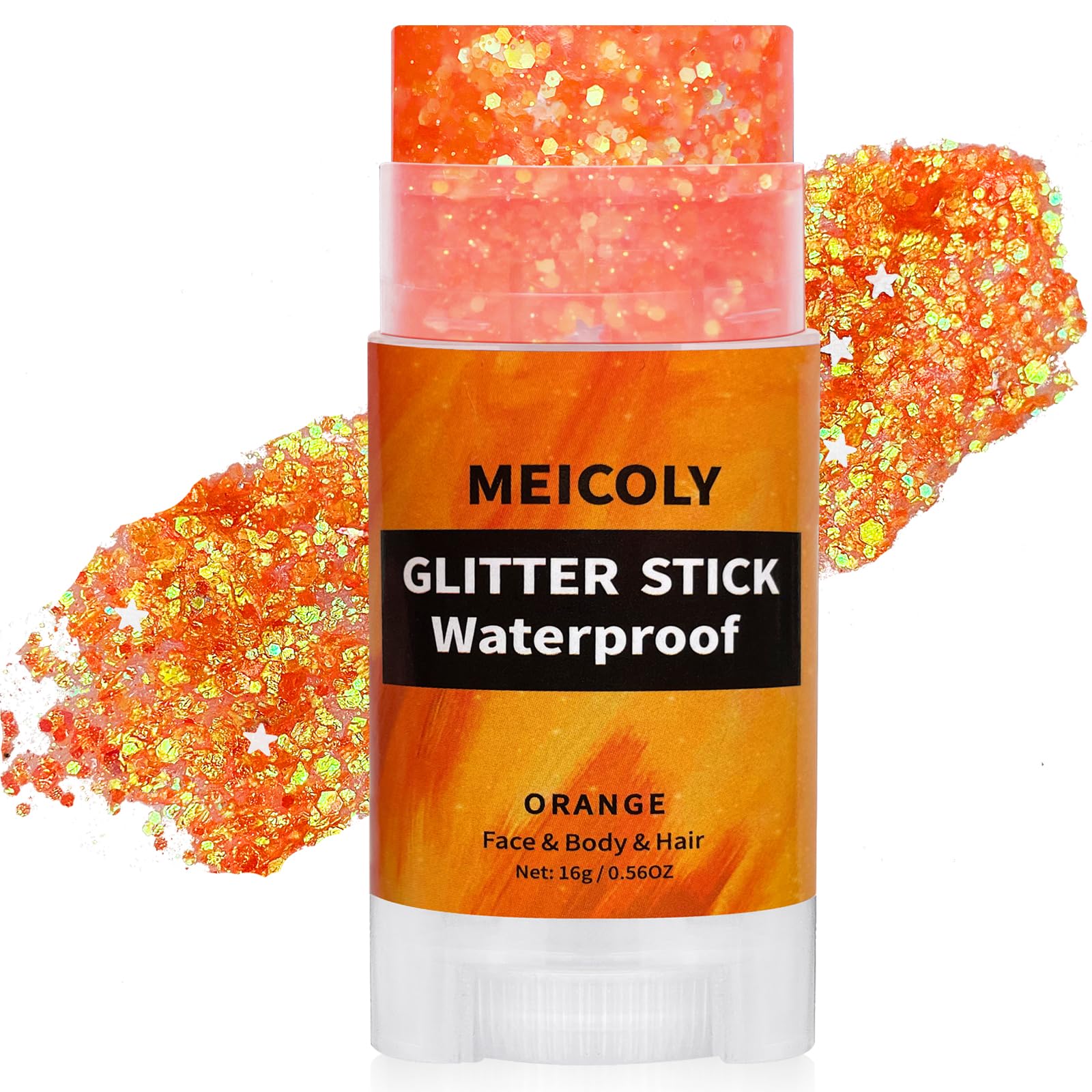 MEICOLY stick paillettes visages-corps orange pour un éclat durable.