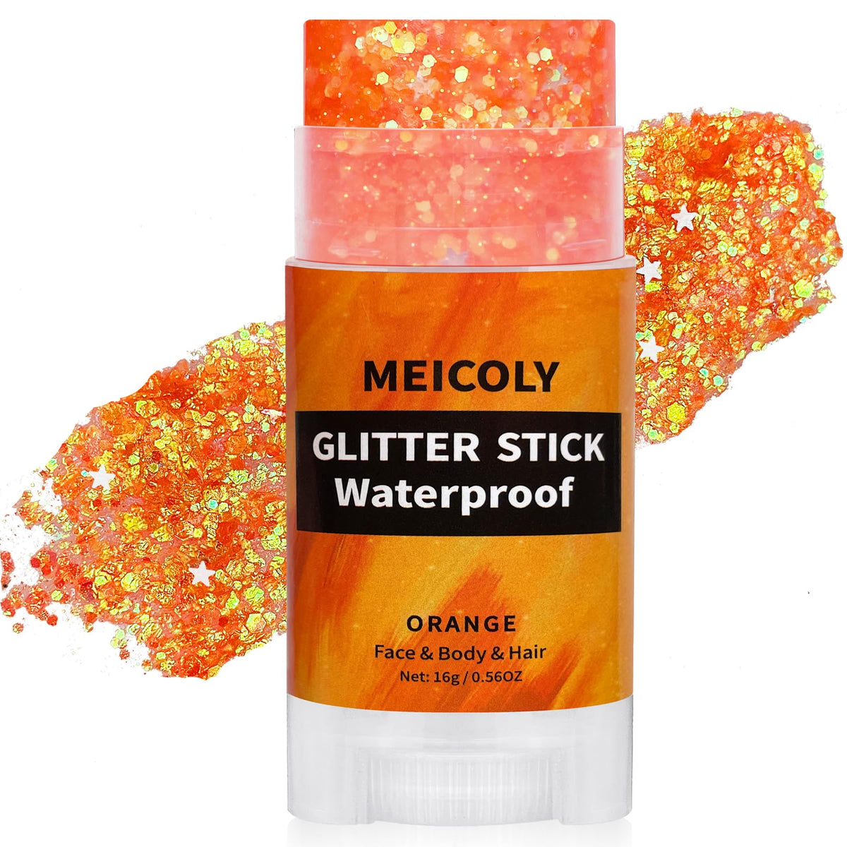 MEICOLY stick paillettes visages-corps orange pour un éclat durable.