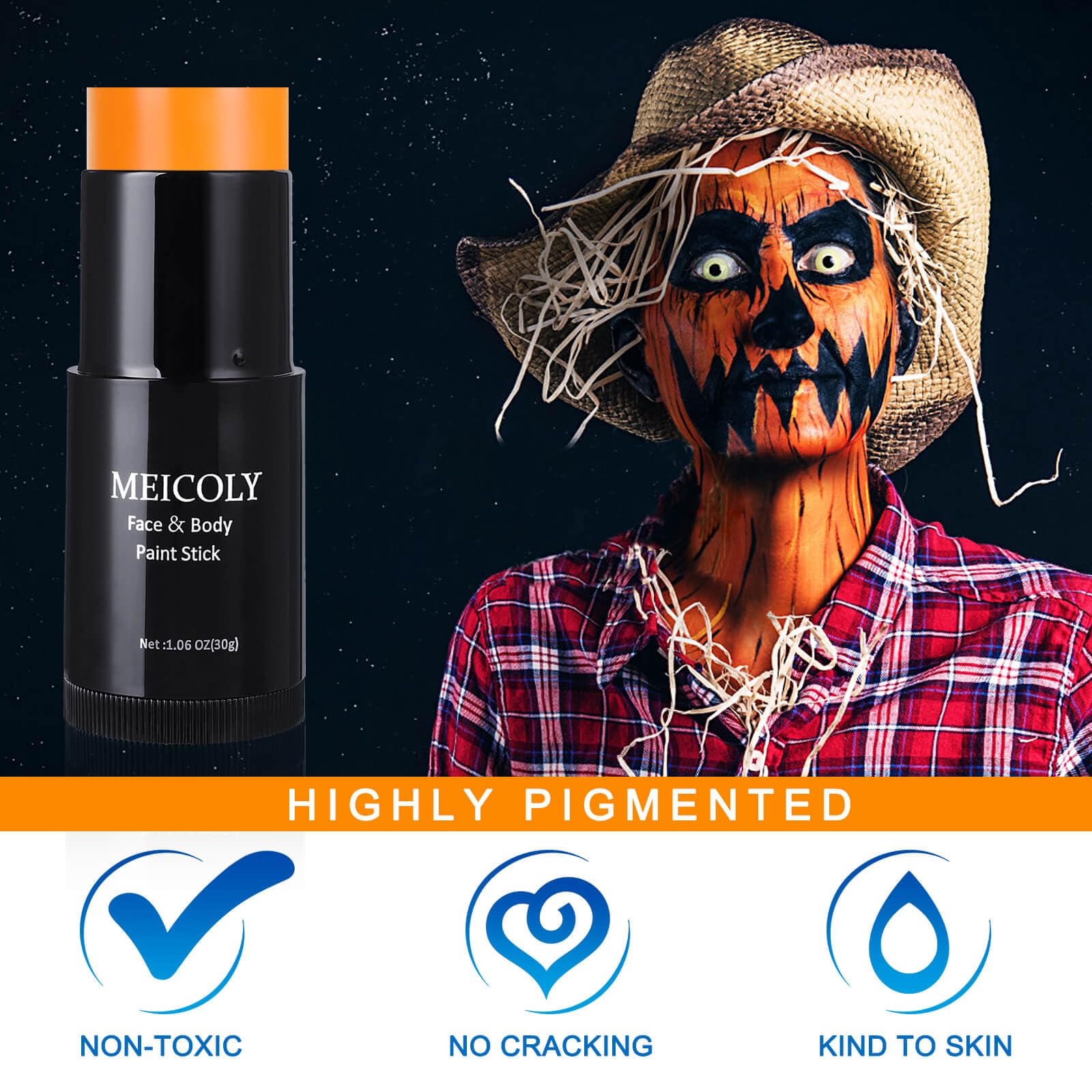 MEICOLY teinte-orange-visage-corps en baton, longue tenue pour les fêtes.