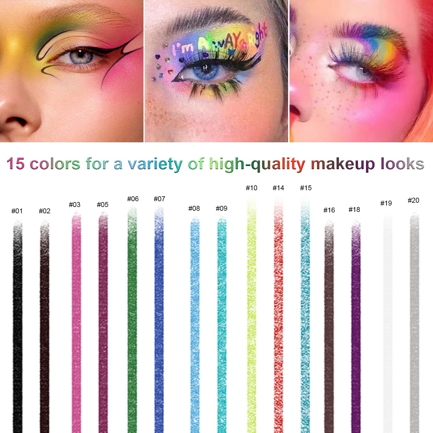 Meilury echantillons-delineants-yeux-15-couleurs-nacrees: palette variée et lumineuse.