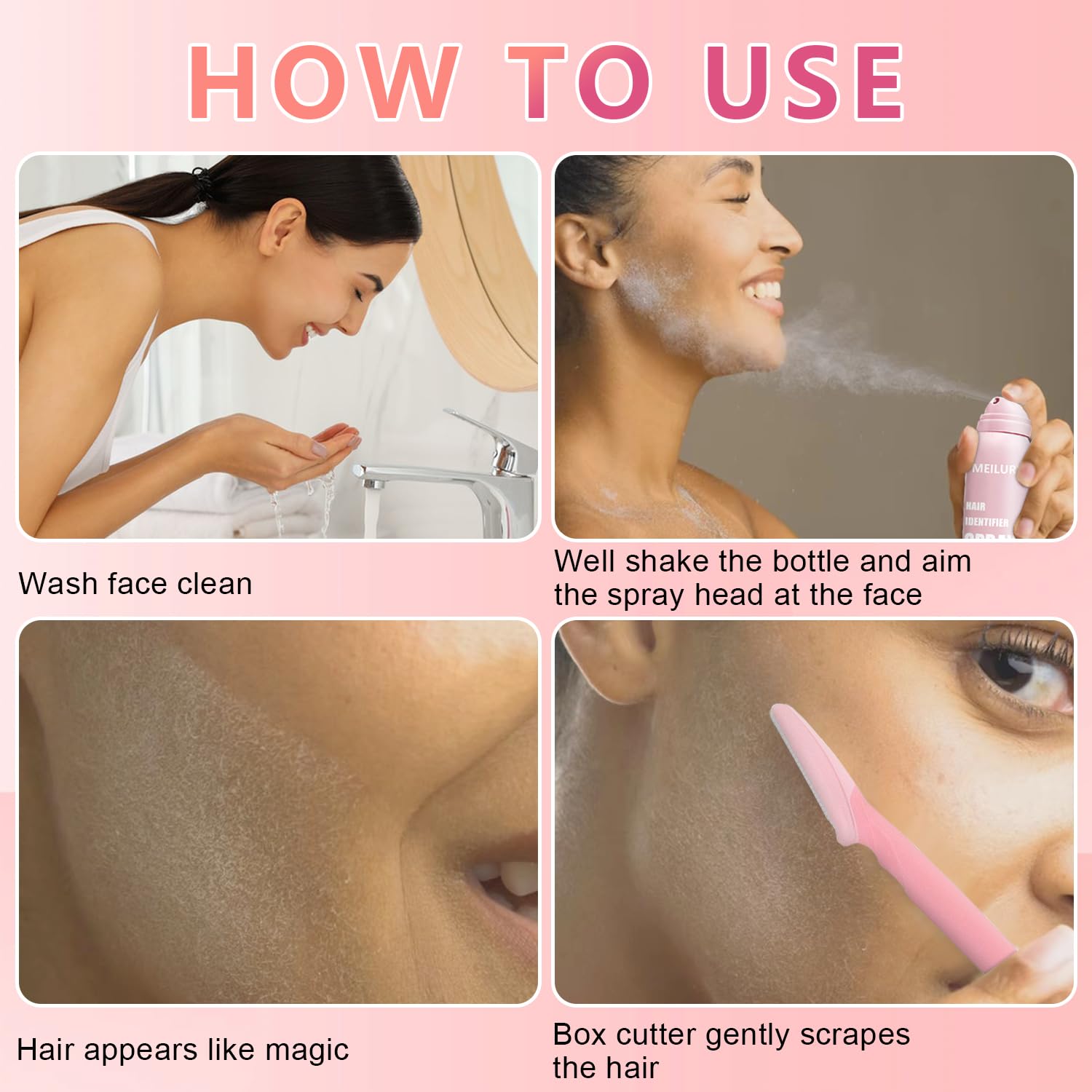 Meilury ensemble rasage poils visage kit pratique avec vaporisateur et quatre rasoirs.