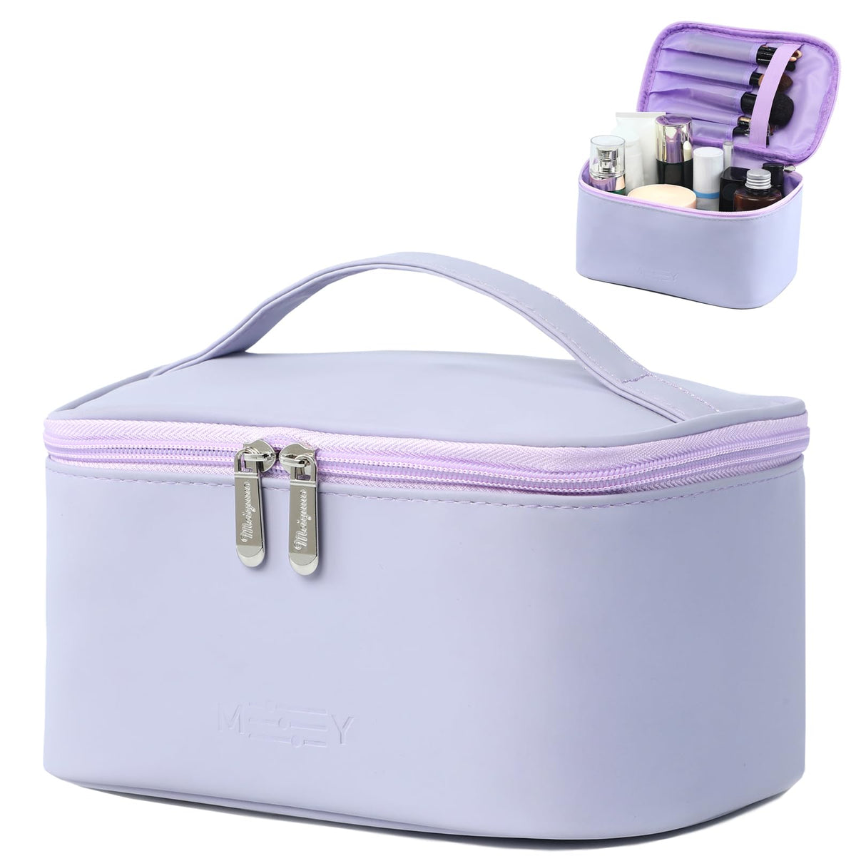 Meiyuuo sac maquillage lavande ouvert — organisation facile pour vos produits de beauté en voyage
