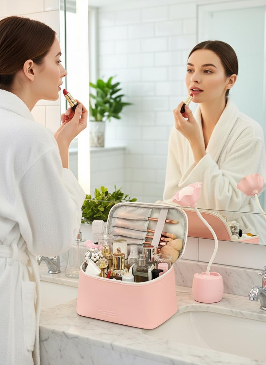 Meiyuuo sac maquillage rose clair avec fermetures coeurs durables et pratique