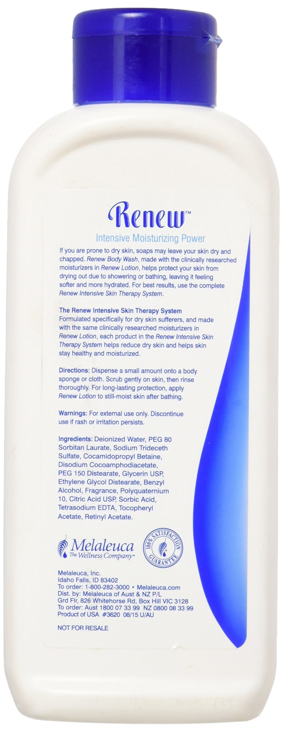 Melaleuca Renew: étiquette du produit visible, outil clair pour un rituel quotidien.