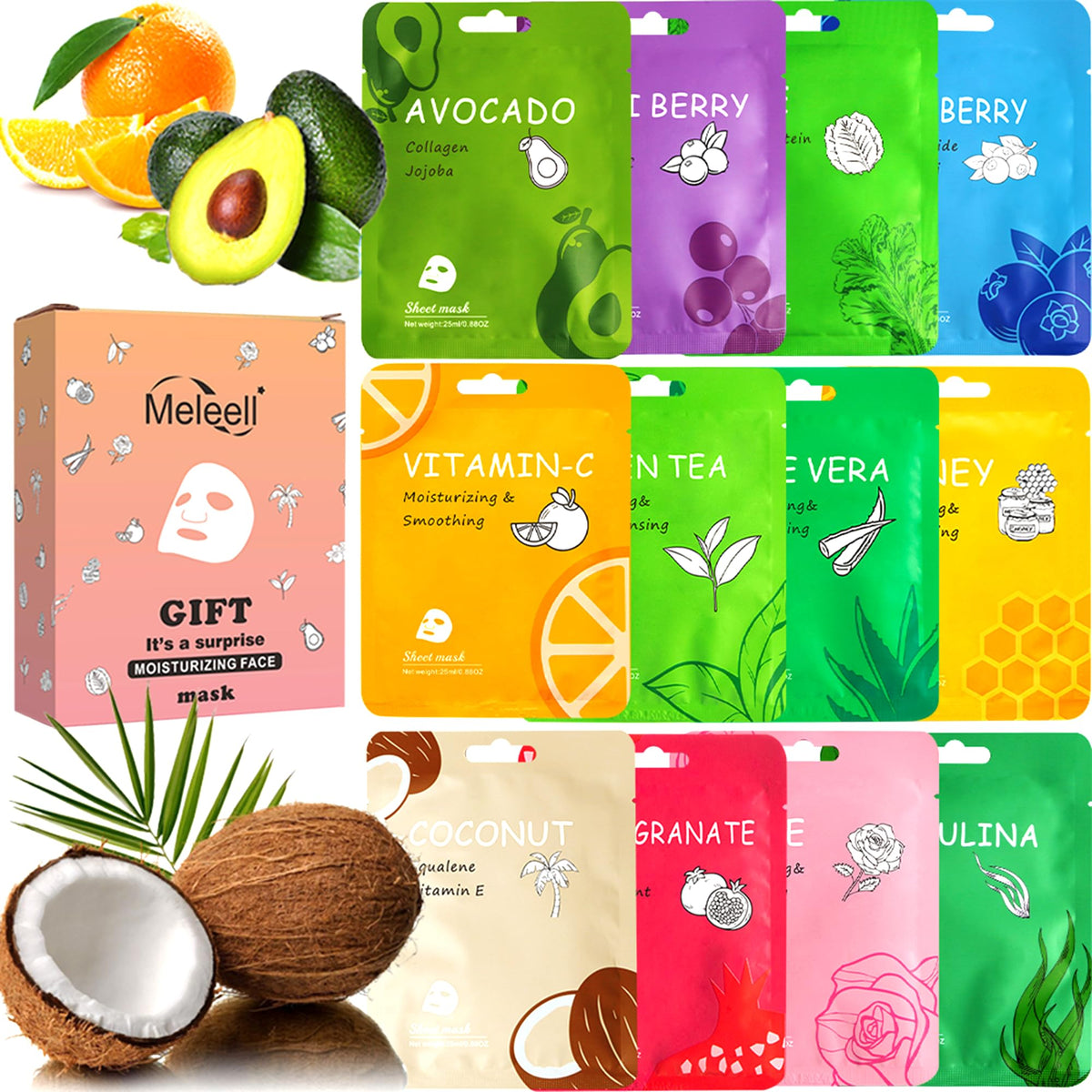Meleell masque visage en soie ensemble 12-pack, hydratation douce pour tous types de peau