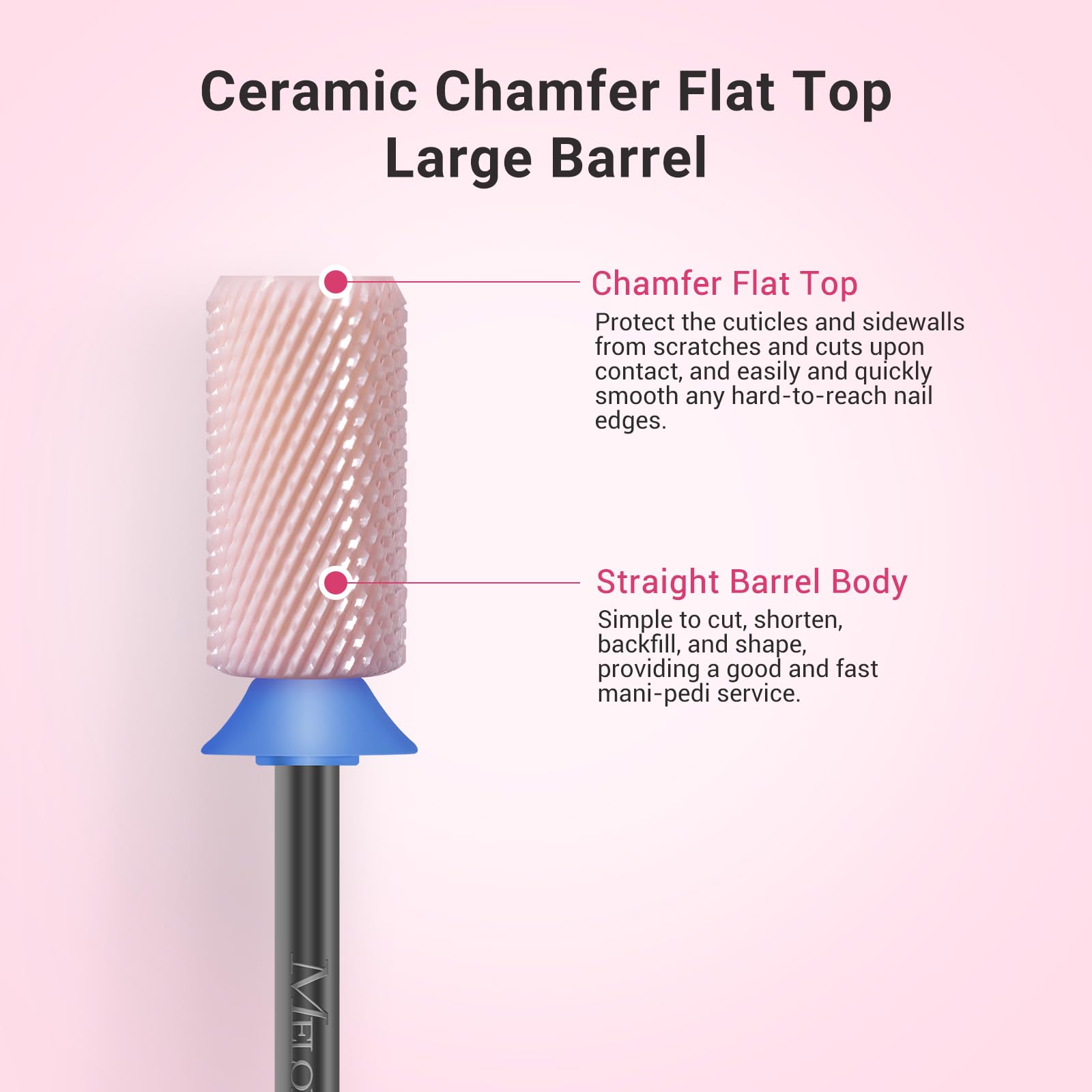 Fraise MelodySusie en céramique, extrémité plate biseautée, protège cuticules et contours.